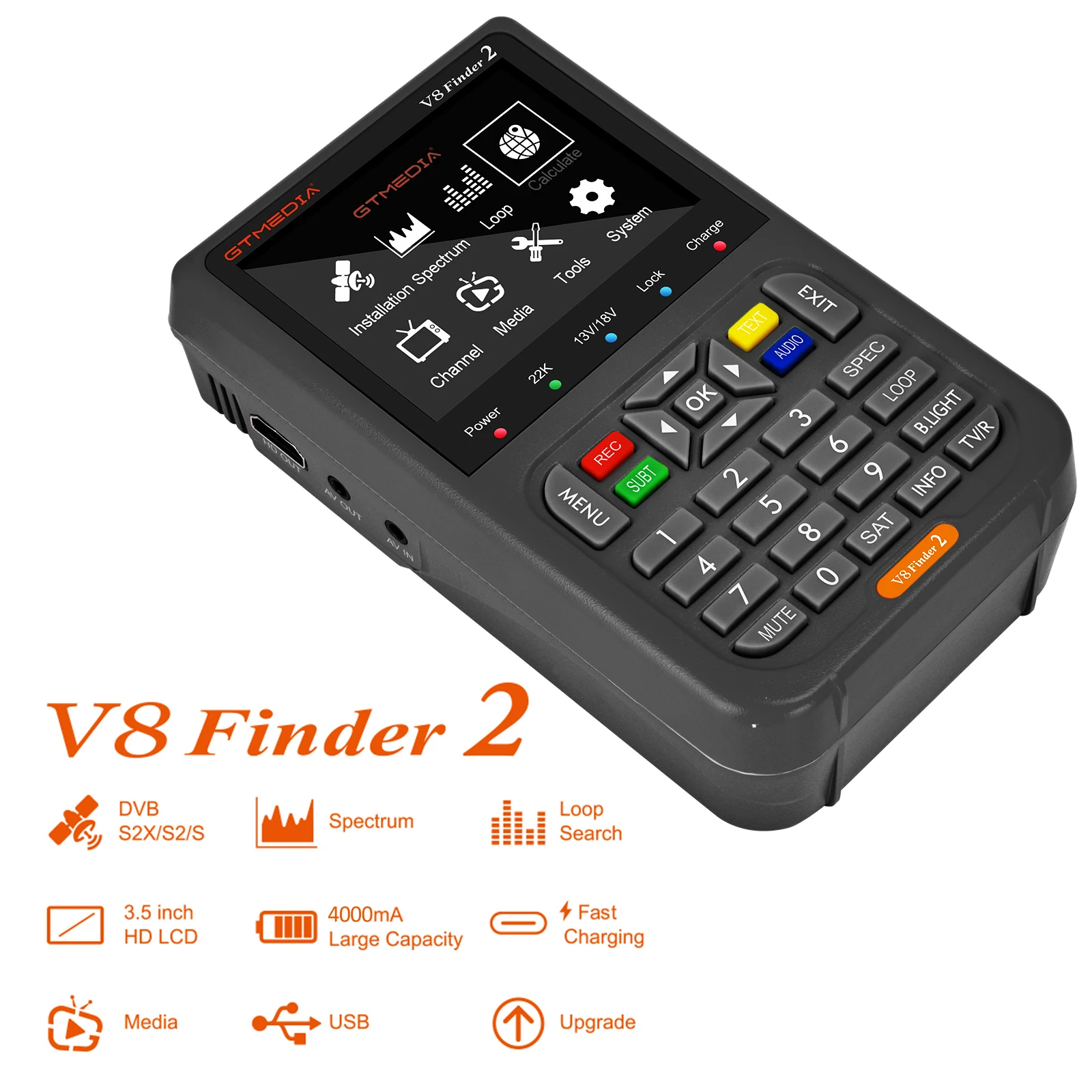 GTMEDIA V8 Finder 2 TV Finder Meter DVB-S/S2/S2X Receiver 3.5-inch LCD Dispaly H.264 Auto Calculate Angle 4000mAh Battery