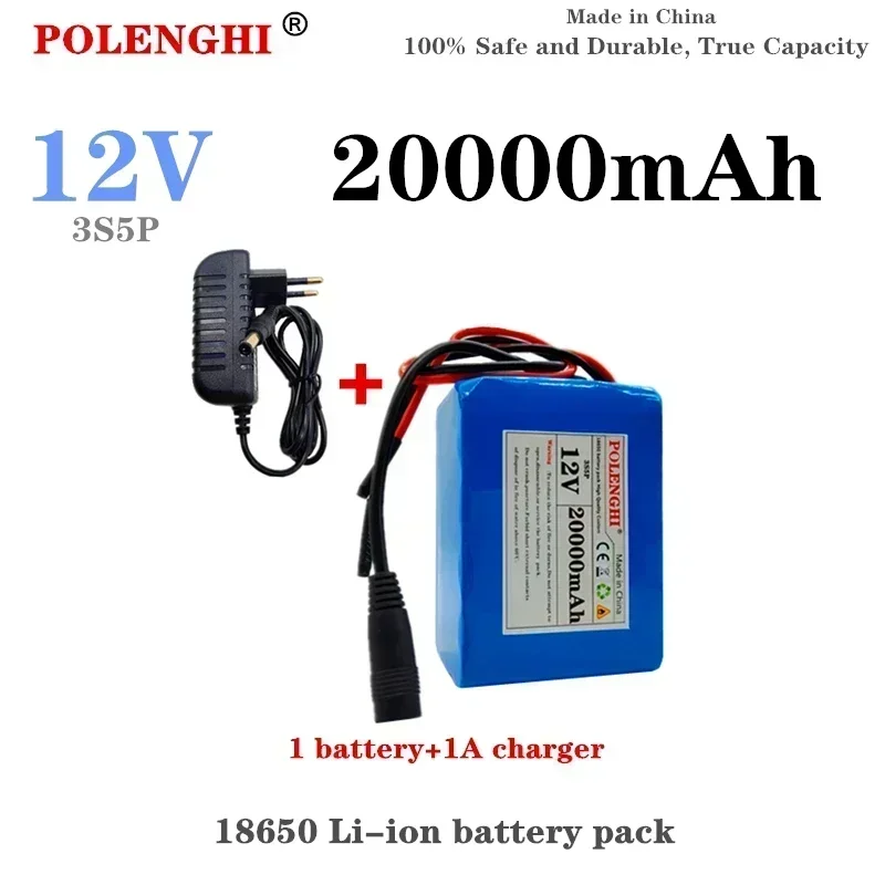 POLENGHI 100% real capacity 3S5P 12V 16800-20000mAh 18650 rechargeable lithium-ion battery pack with built-in intelligent BMS