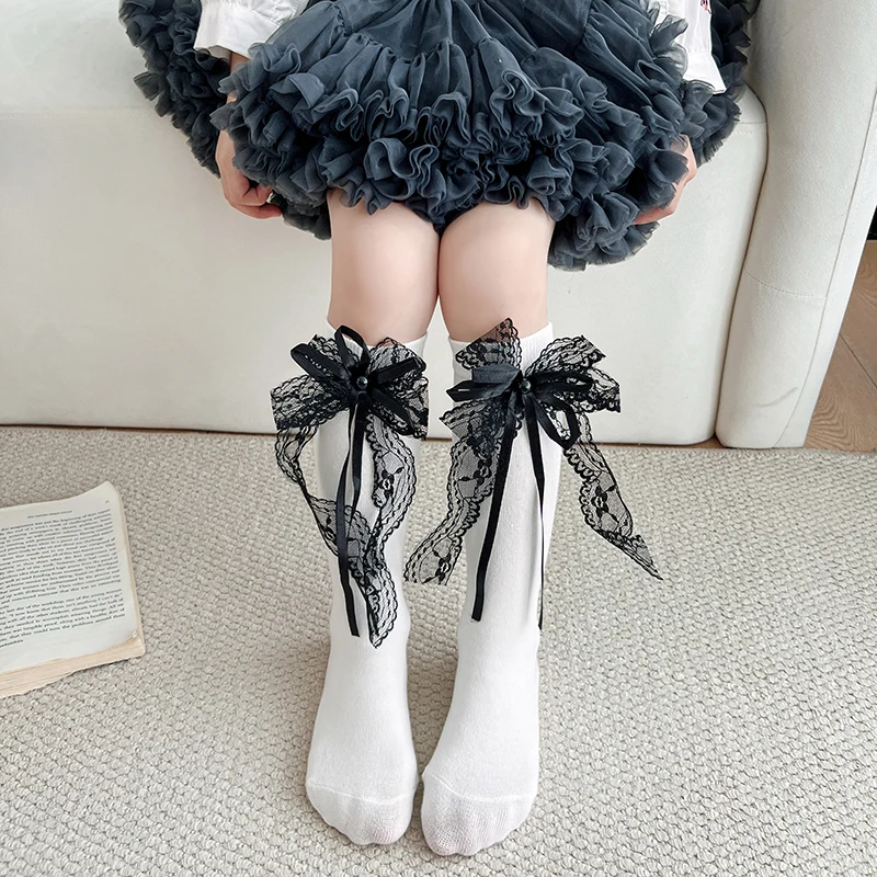 Sweet Girls Black White Mid Calf Socks Featured Long Streamer Ribbon And Double Lace Bow Craft Moderate Stretch Light Stockings
