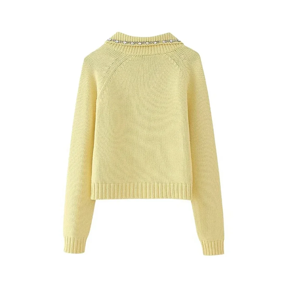 Aoaiiys Knitted Cardigans for Women Sweater Yellow Diamonds Long Sleeve Single Breasted Cardigans Vintage New Fashion Outerwear