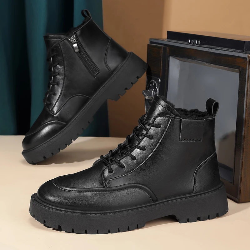

Fashion Black Men Cotton Boots Winter Men's Leather Boots with Fur Classic Warm Casual Shoes High Top Non-slip Man Ankle Boots