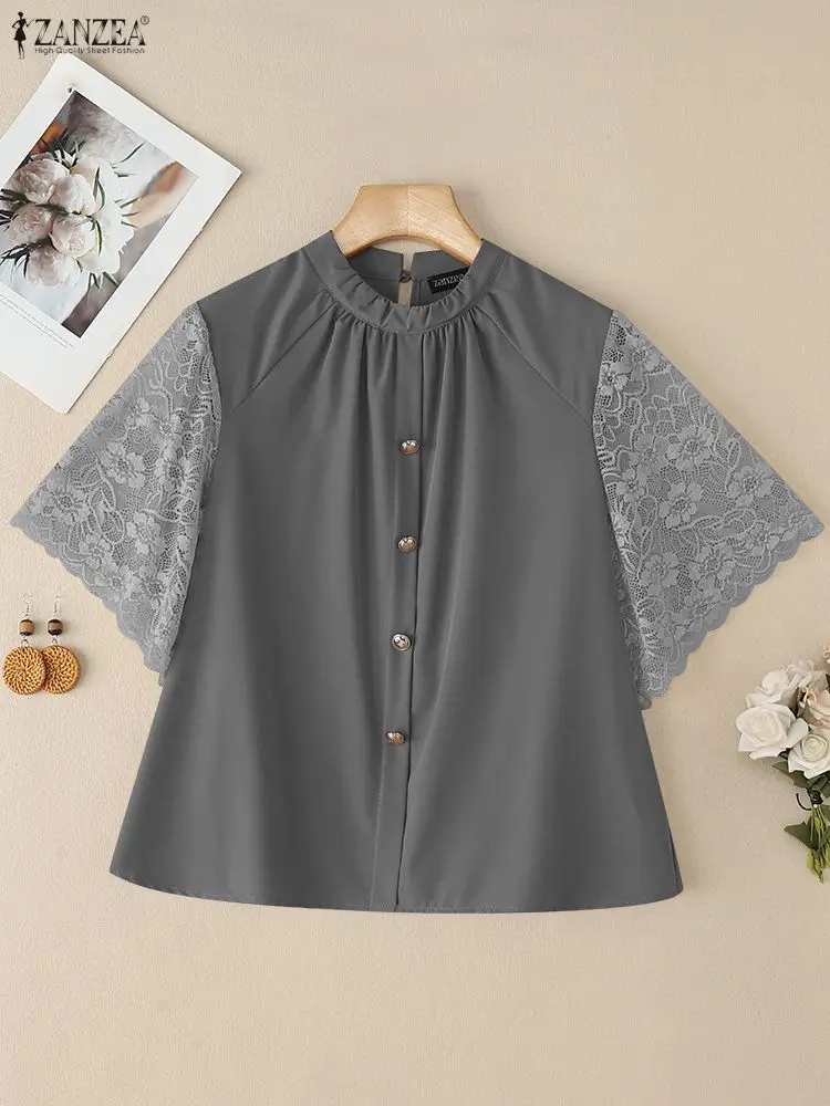 

Women Elegant Lace Patchwork Sleeves Blouses ZANZEA Gathered Stand Collar Half Sleeve Solid Color Tops Casual Woman Clothes 3XL