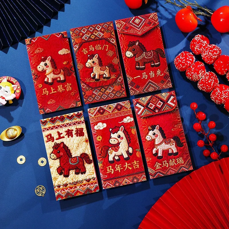 

6Pcs New Year Red Envelope 2026 Chinese Spring Festival Hongbao Traditional Lucky Money Packets Horse Year Money Pouch Decor