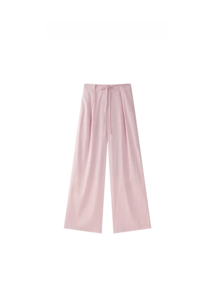 

LBT Linen Dstring Waist Straight Leg Casual Pants Ele Versatile Spring Summer Sle High Waist Zipper Closure Ladies