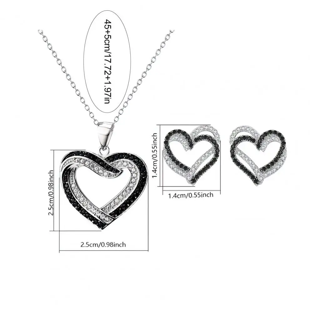 Love Heart Necklace Set Non-irritating Earrings Necklace Overlapping Hearts Jewelry Set with Black White Rhinestone for Weddings