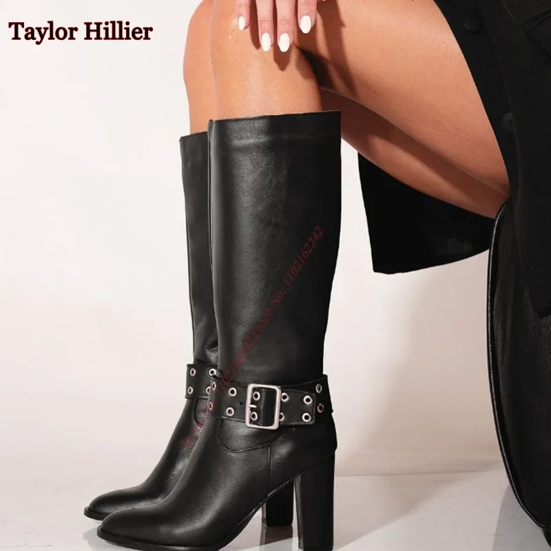 

Black Buckle Decorative Thick Heel Women'S Boots Pointed Side Zipper Knee-High Boots Catwalk T Stage Patent Leather Long Boots