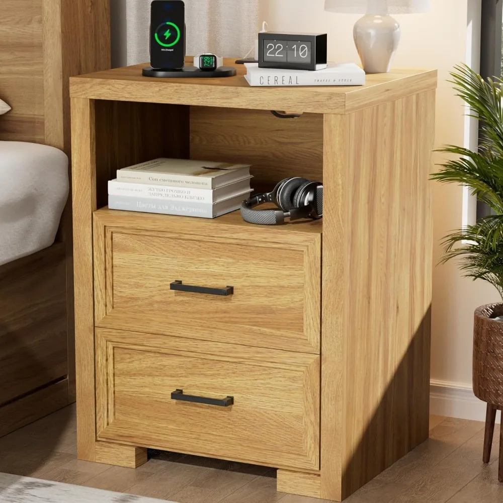 

Nightstand with Charging Station, End Table with 2 Drawers, Wood Rustic Sofa Side Table with Open Storage Shelf, for Bedroom, Li