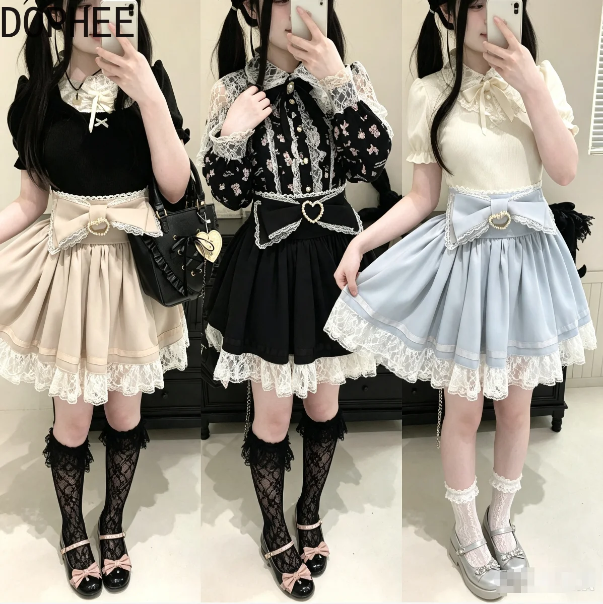 Japanese Wind Solid Color High Waist Women's Puffy Skirts Cute Bow Love Beading Elegant Lace Splicing A-line Princess Skirts