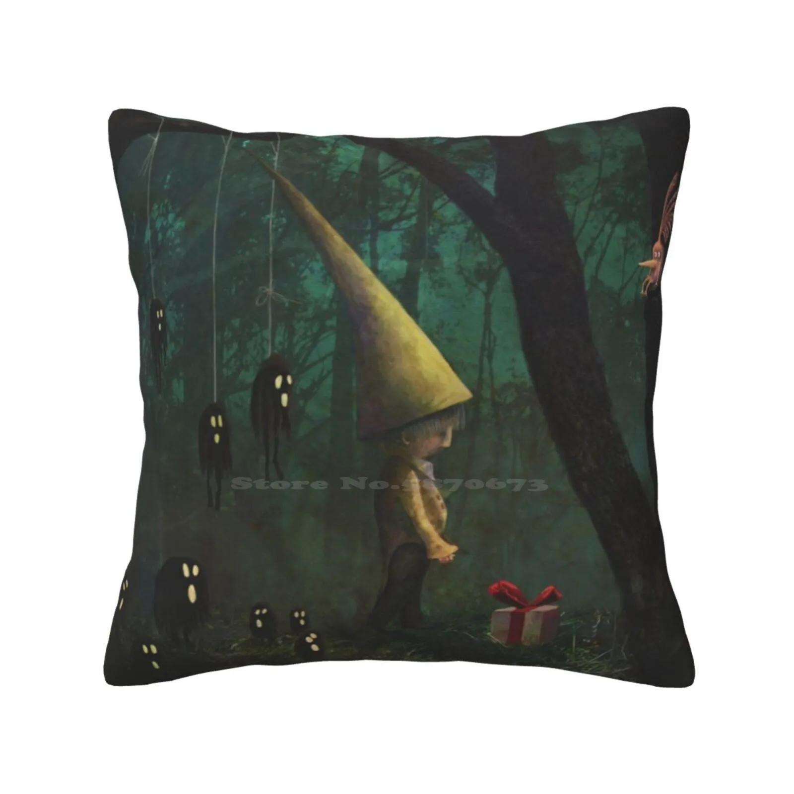 The Gift Funny Cute Decor Square Pillowcase Storybook Man Trees Quirky Whimsical Hat Fizzyjinks Corel Painter Magical Monsters