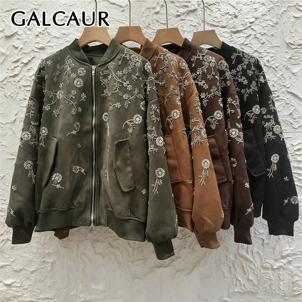 

GALCAUR Solid Spliced Embroidery Chic Jacket Female O Neck Long Sleeve Loose Streetwear Retro Women's Jackets Autumn New Fashion