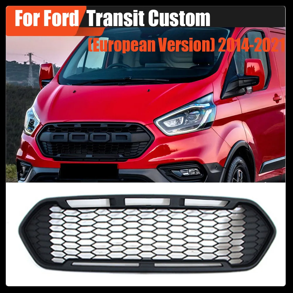 Fit For Ford Transit Custom (European Version) 2014-2021 Car ABS Black Or Grey W/LED Light Front Mesh Grill Mask Bumper Grille