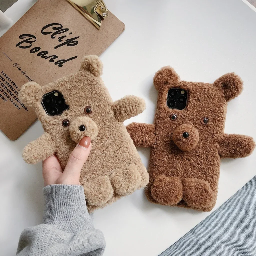 Soft Plush Phone Case Fur Teddy bear   For iPhone 11 12 13 14 Pro XR X Xs Max mini 7 8 6 6s Plus MAX 5 5S SE 3D Back Cover