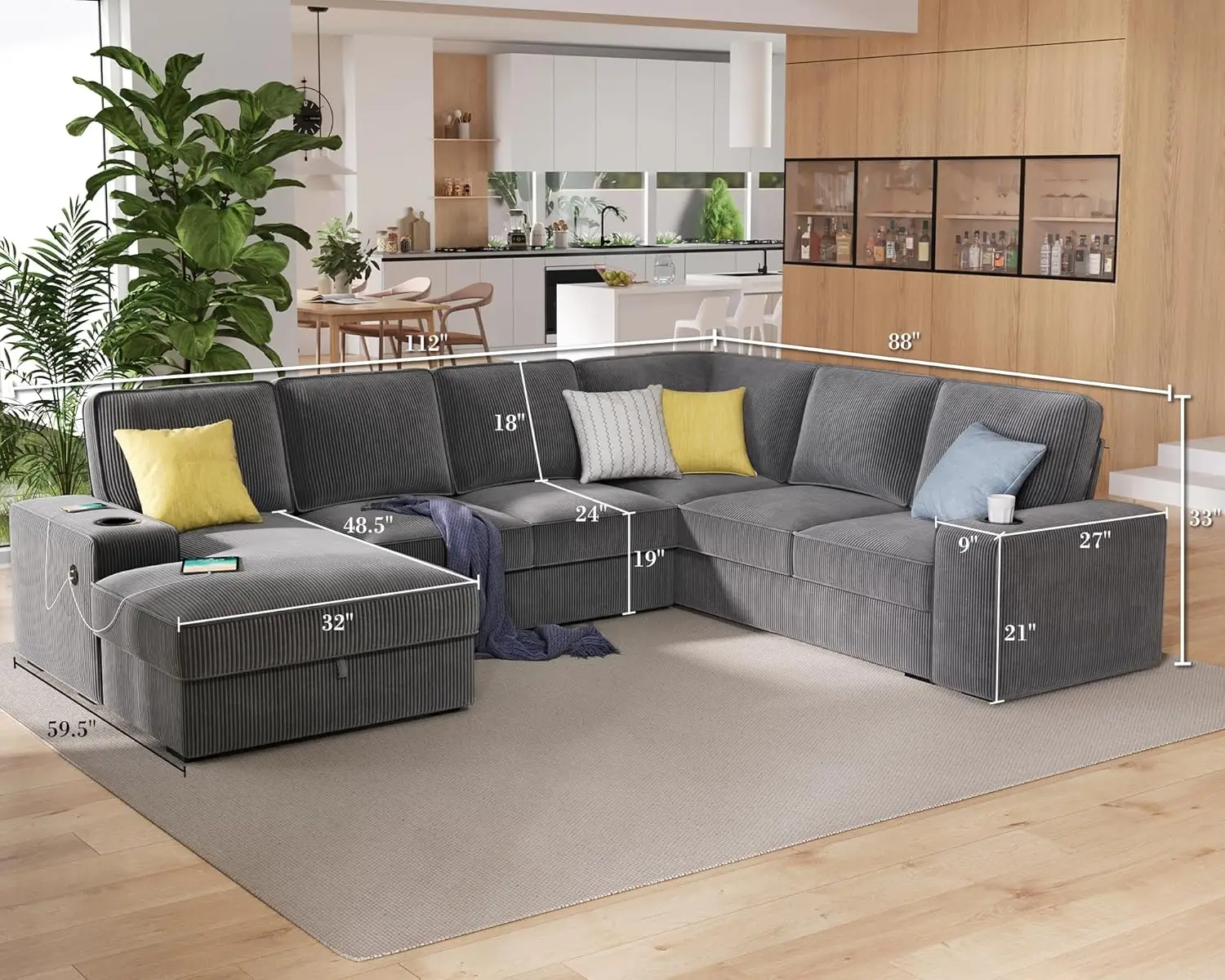 112 inch Sectional Sofa, Oversized Sofa with Storage Chaise, U Shaped Sofa Couch with USB Ports, Corduroy Couch—Grey