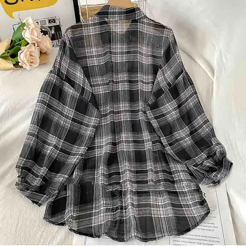 

Chiffon Plaid Shirts Women Retro Simple Fashion Breathable Outerwear Elegant Casual Stylish All-match Korean Single Breasted OL