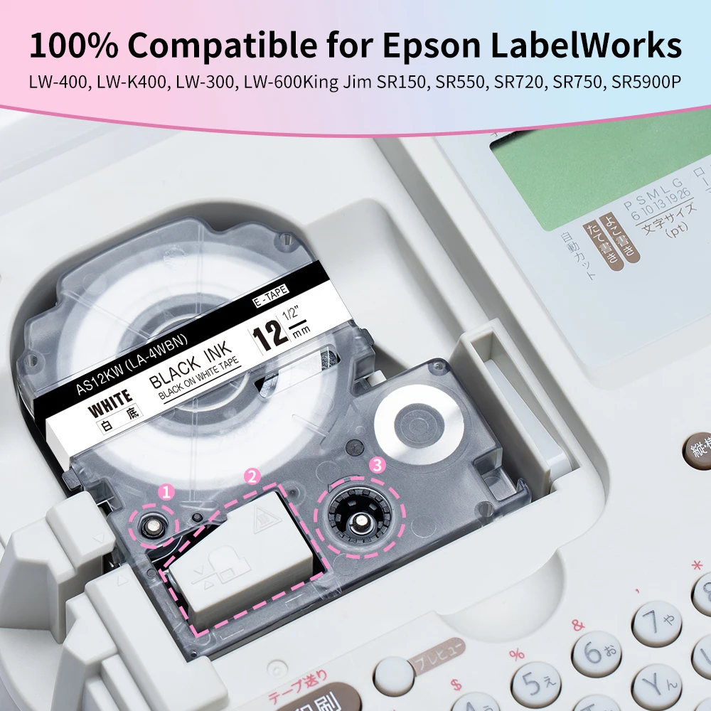 12mm Label Tape SS12KW ST12KW Compatible for Epson Lw400 LK-4WBN Cartridges Label Works LW-300 400 500 600P 700 Label Maker