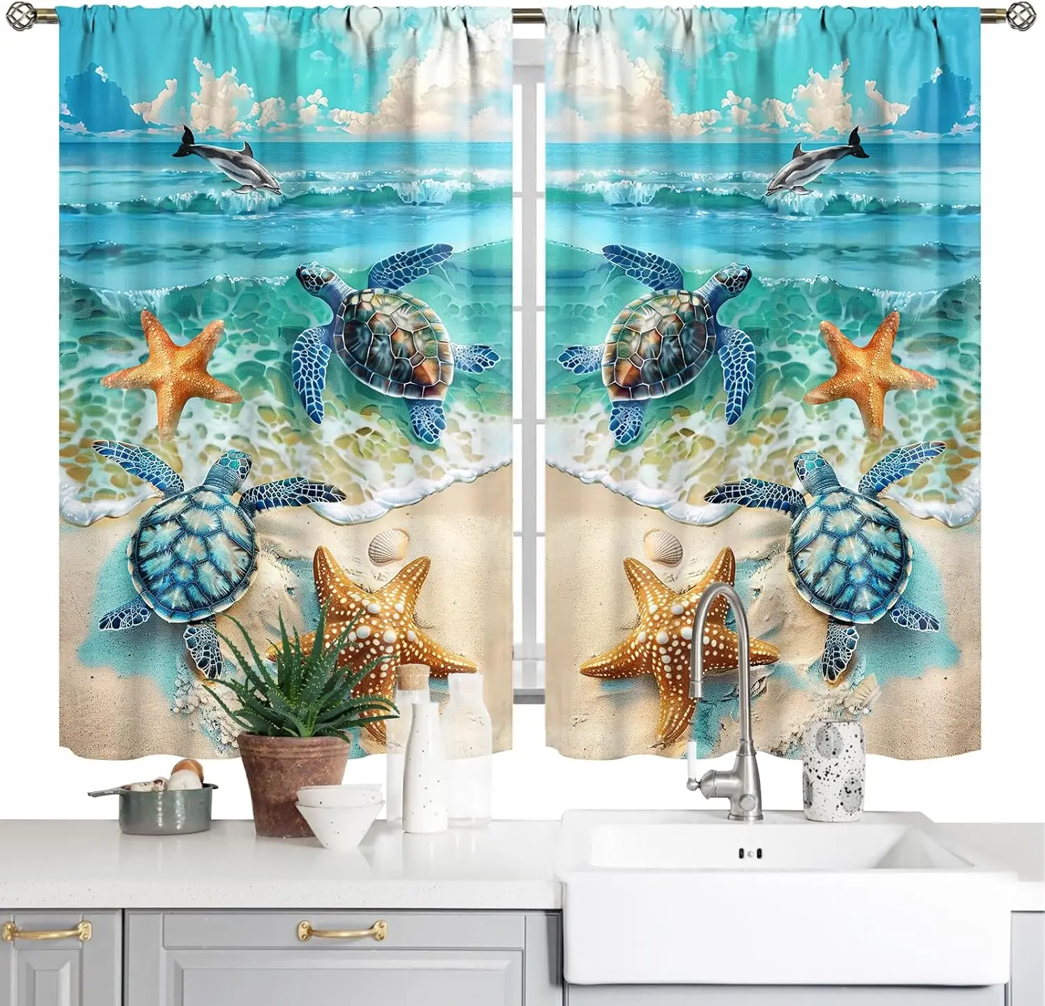 Beach Kitchen Curtains Ocean Sea Turtle Blackout Curtains Summer Short Tier Curtain Cafe Tier Curtains Decor for Living Dining