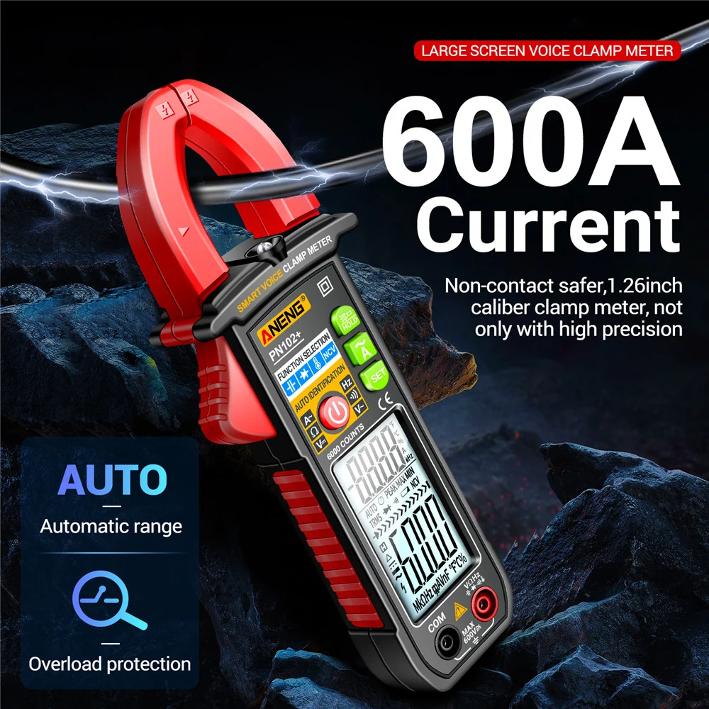 ANENG PN102+ Smart Voice Clamp Meter 6000 Counts Auto Ranging Mulitimeter Clamp AC/DC Voltage Meter Diode Hz Current Tester