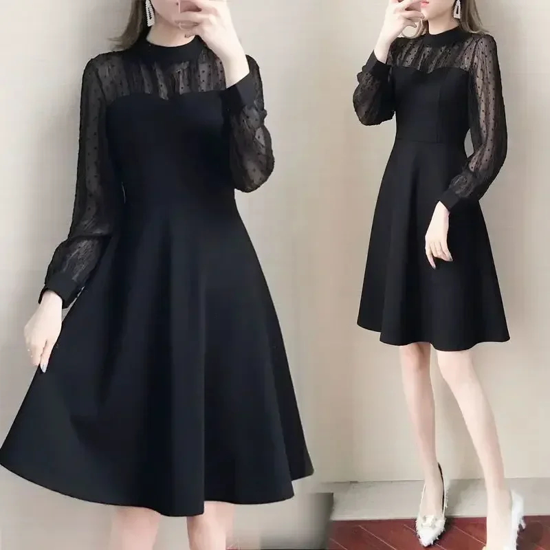 Splicing Women\'s Long Sleeve Dresses Mesh Female Dress Black High Quality Luxury Thic Outfits 2025 Fashion A Line Elegant Curvy