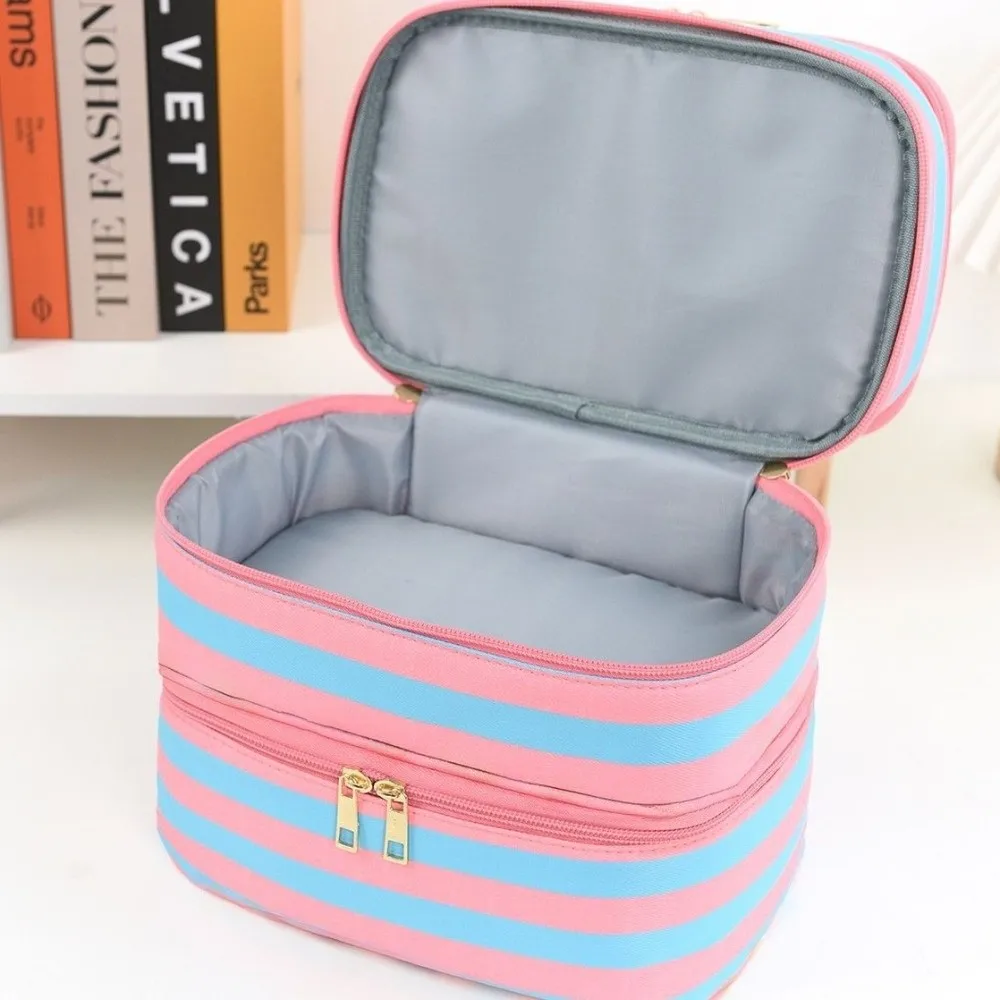 Polyester Multi-Layer Cosmetic Bag Large Capacity Macaron Color Striped Toiletry Bag Handheld Waterproof Zipper Makeup Bag
