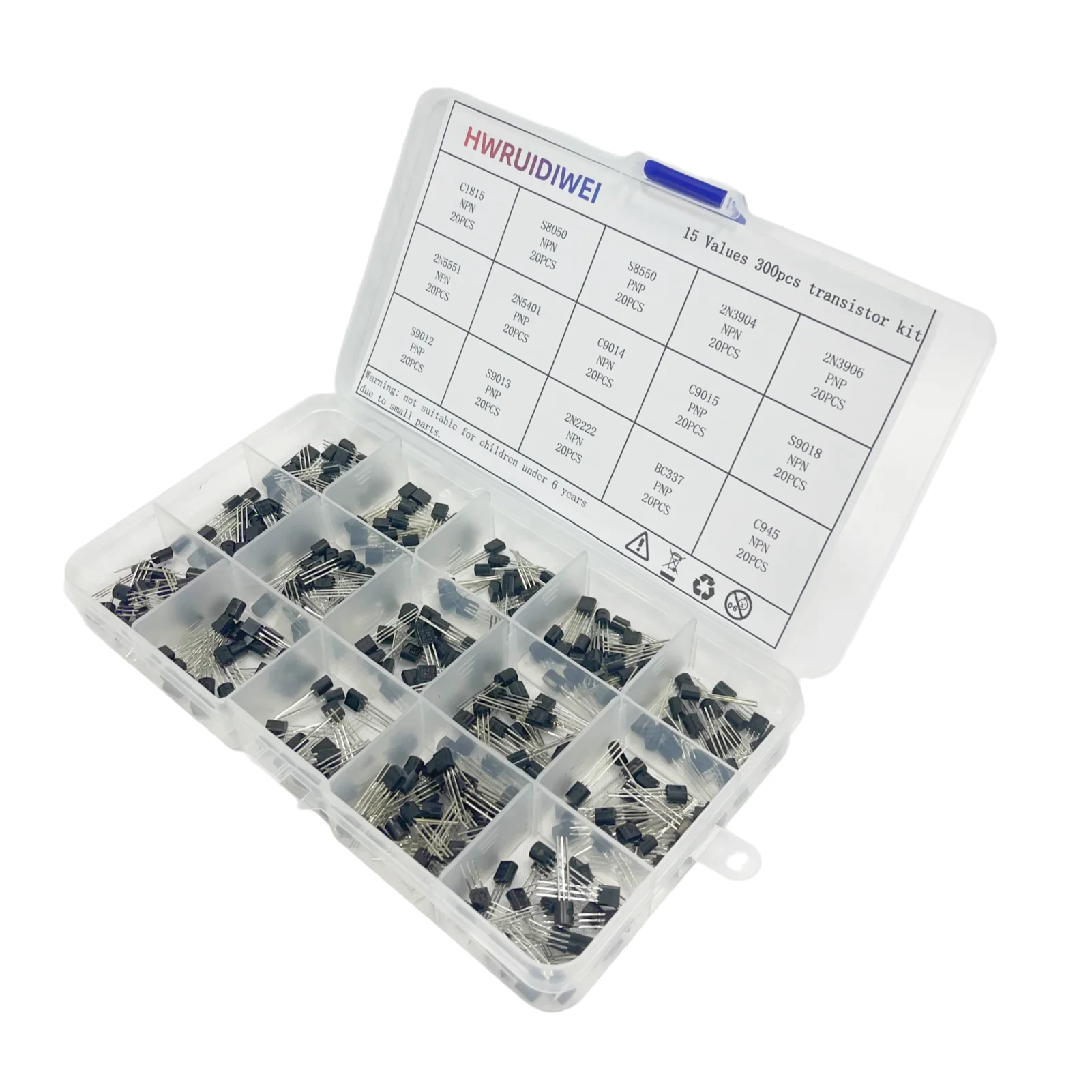 15 Values 300 Pcs BC337 C1815 S8050 S8550 2N2222 2N3906 PNP NPN Power General Purpose Transistors  Assortment Kit