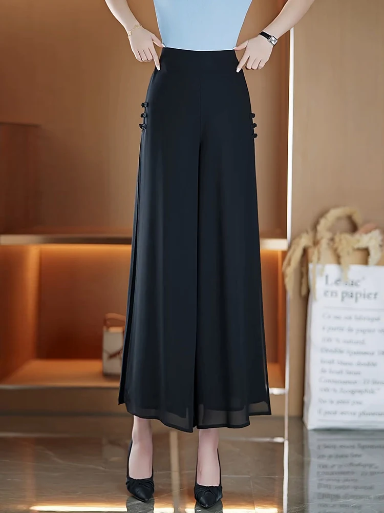 

Летние тонкие шифоновые брюки-палаццо женские с высокой талией, эластичные, повседневные, длиной 7/8, прохладные, легкие