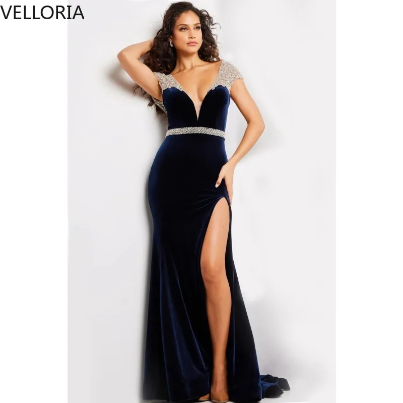 فستان سهرة نسائي مخملي باللون الأزرق الداكن مثير بفتحة رقبة على شكل حرف V مناسبة رسمية فستان فاخر من حجر الراين الكريستالي للحفلات حسب الطلب #1