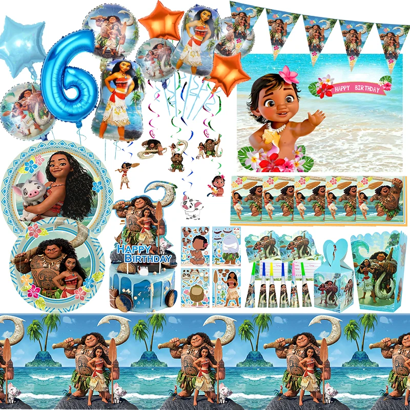 Disney Moana Birthday Decoration Tableware Paper Cup Plate Moana Maui Balloon Set Banner Backdrop Party Supplies Baby Shower Kid