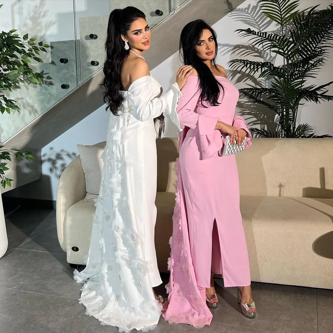 Scoggins Off-The-Shoulder Neckline Column Slit Ankle-Length Beaded Long Sleeves Chiffon Zipper Up Dubai Evening Dresses Wedding