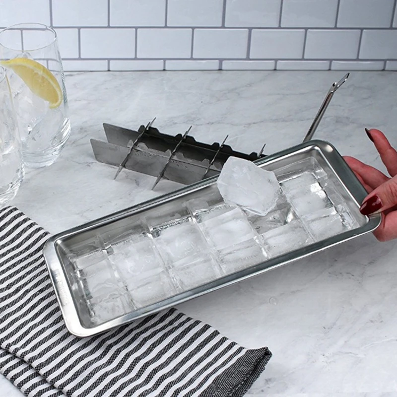 Lever-Style Ice Tray 2 in 1 Silver Stainless Steel Homemade Ice Making Mold Ice Cracker Ice Box High Quality