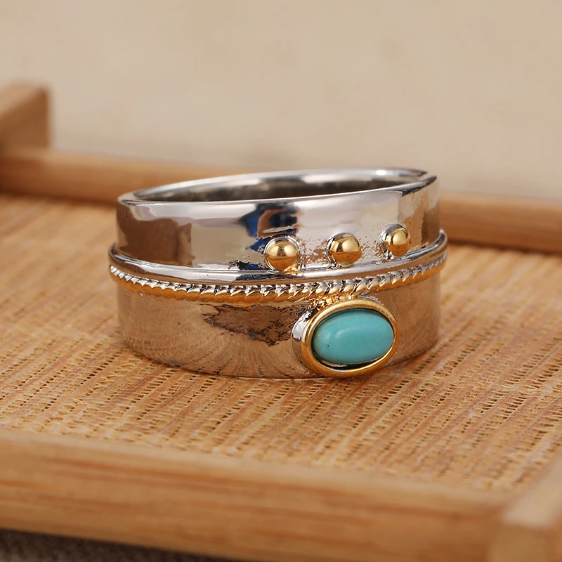 Vintage Inlaid Synthetic Turquoise Wide Ring For Women Classic Silver Plated Versatile Ring  Bohemian Style Jewelry