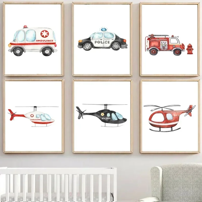 Cartoon Police Ambulance Fire Truck Airplane Motorcycle Posters Canvas Painting Wall Art Print Picture Baby Kids Room Home Decor