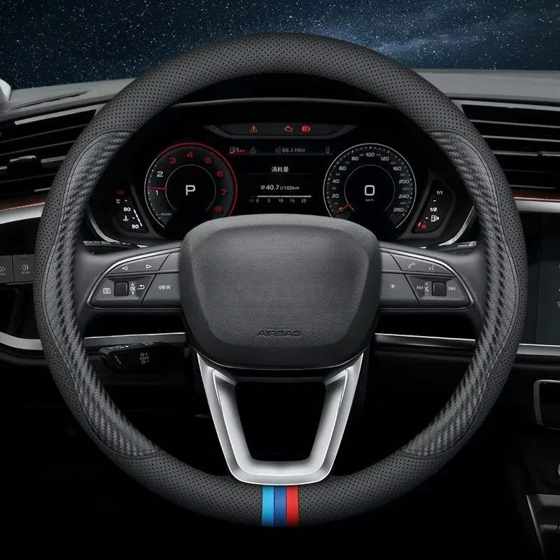 For BMW Nappa Leather Steering Wheel Cover, O+D Shape, Ultra Thin, Breathable, Anti-Slip Sweat-Absorbent, All Season, 38cm