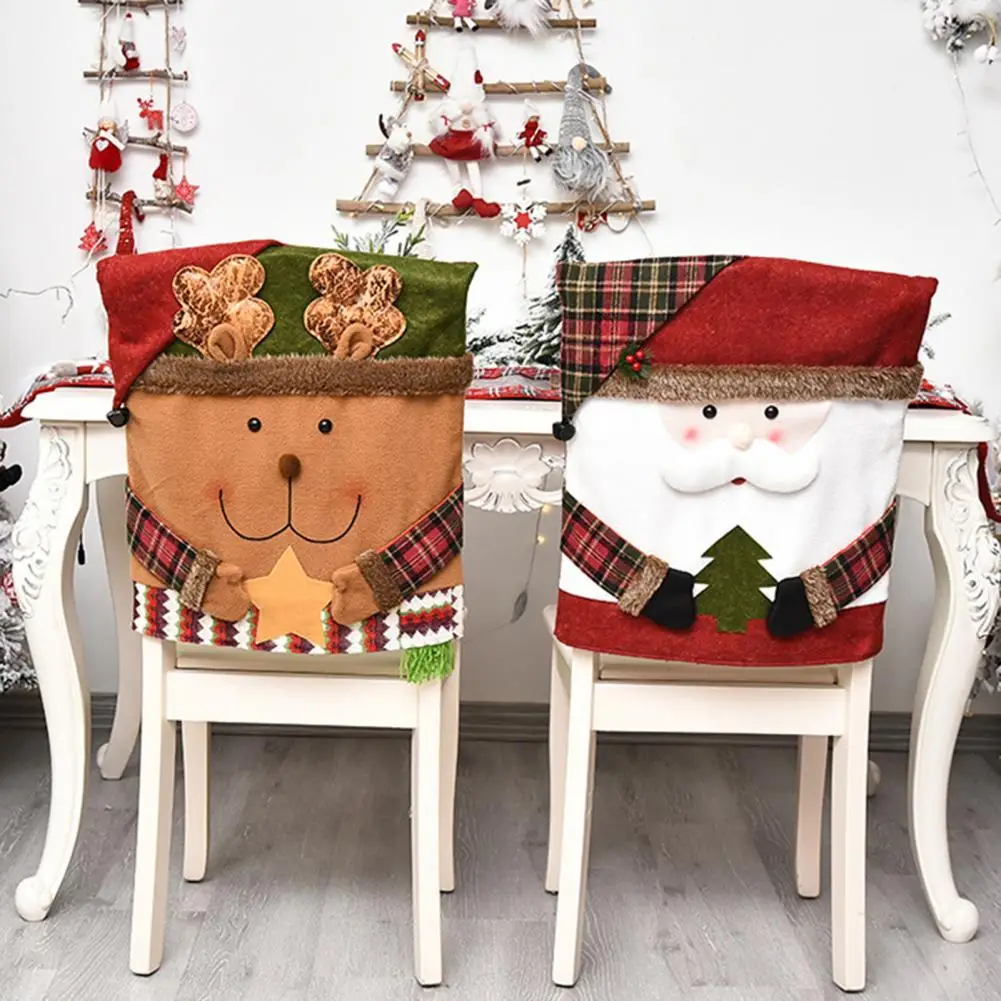 Christmas Chair Cover Santa Claus/Snowman/Reindeer Chair Slipcover Xmas Chair Back Cover Holiday Seat Cover Home Decoration