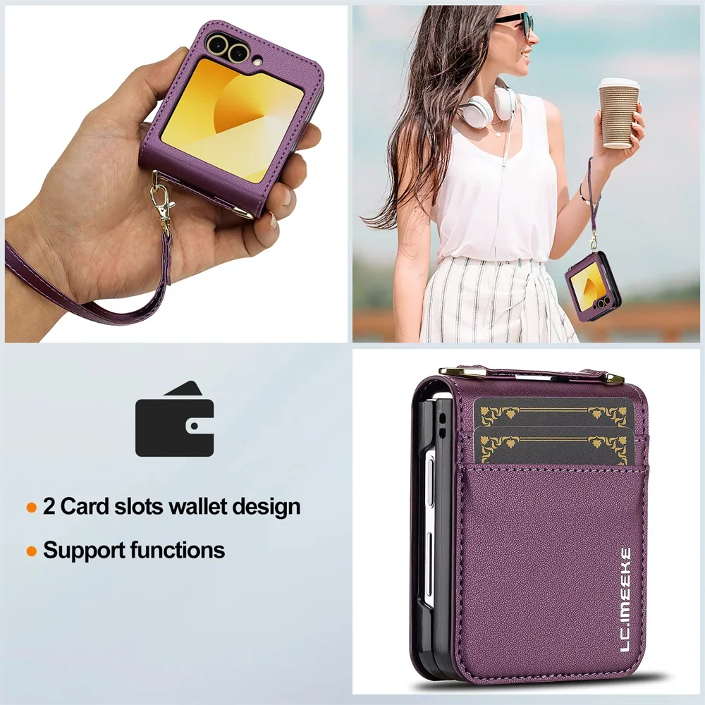 Crossbody Wallet Case For Samsung Galaxy Z Flip 6 5 4 3 Flip6 Flip5 Flip4 Flip3 5G Card Holder Hand Strap Lanyard Leather Cover