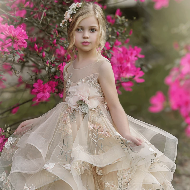 Robe de demoiselle d'honneur en tulle champagne, pétale à plusieurs niveaux avec ruban de fleurs, robe de princesse pour mariage, fête d'anniversaire, banquet