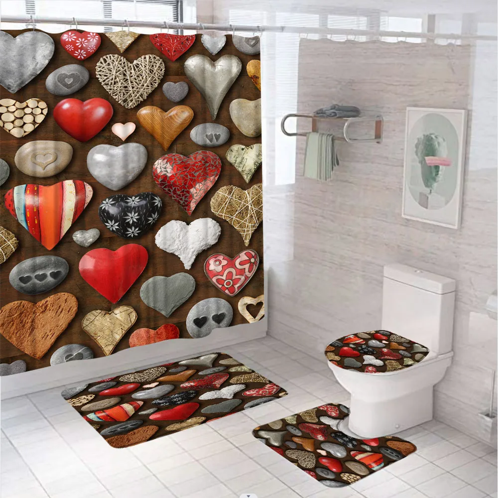 

4Pcs Love Heart Stone Shower Curtain Set 3D Valentine's Day Home Bathroom Decor Screen Non-Slip Bath Mat Toilet Cover Rug Carpet