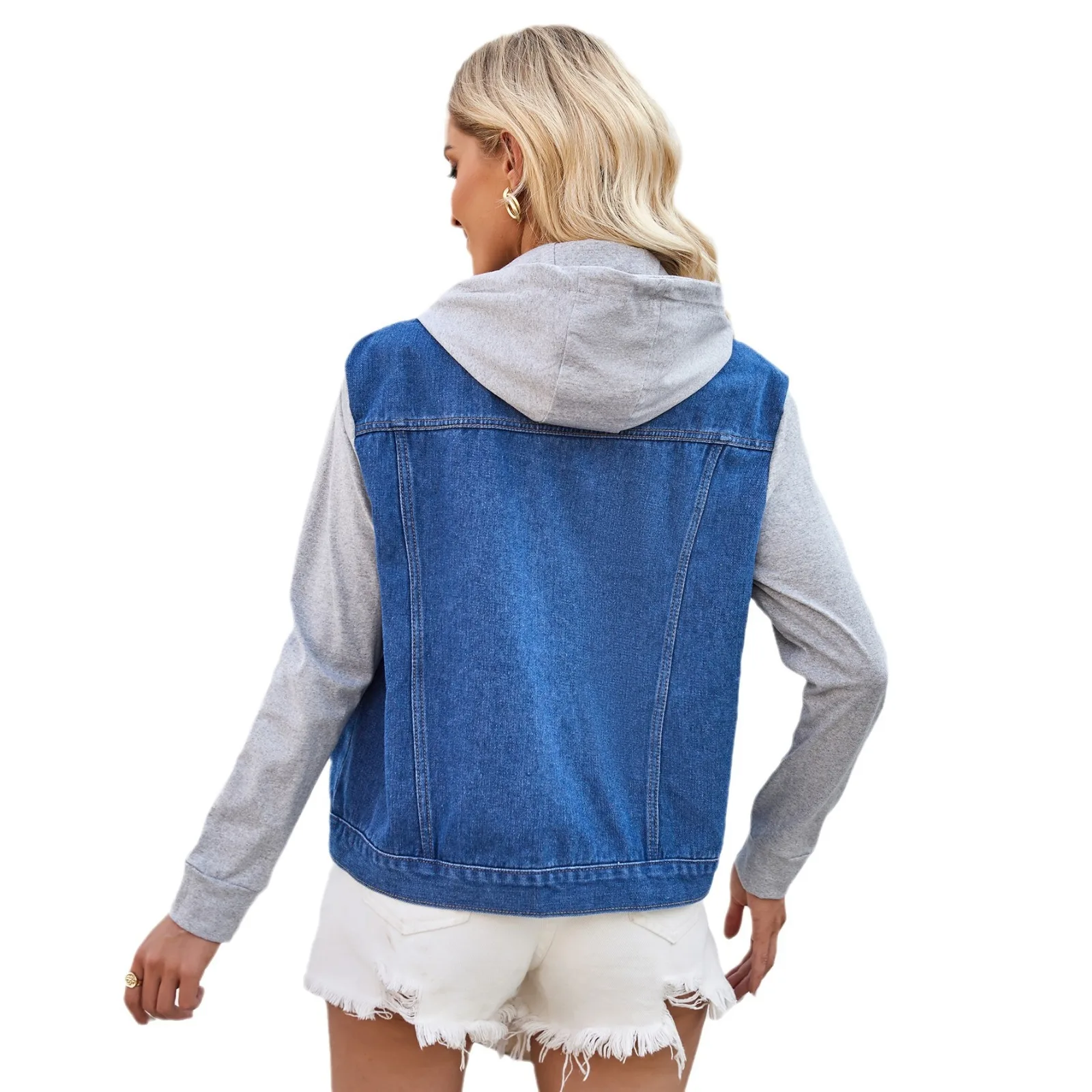 Women's Washed Spliced Long Sleeved Denim Jacket Spring Summer Trend Hooded Top - Detail 1
