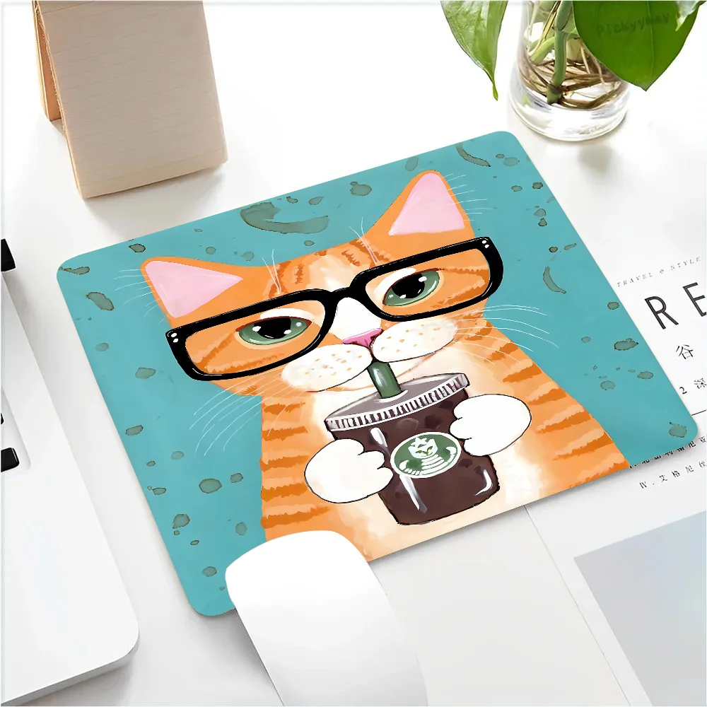 Cute Coffee Milk Drink Bottle Cat Mousepad Small LockEdge Mouse Pad For Gamers Computer Desk Pad Rectangular Anti-slip Rubber