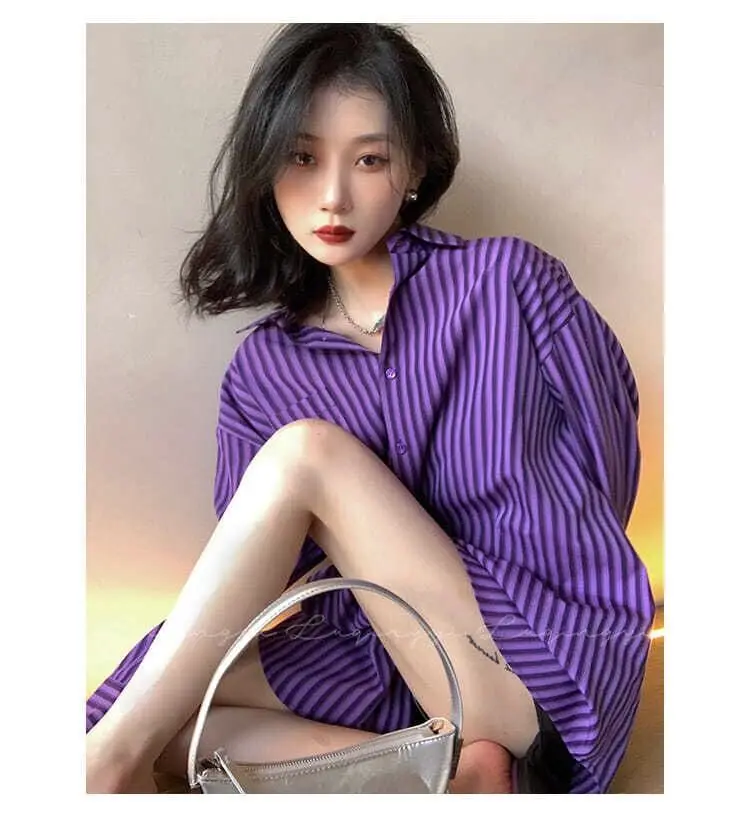 Sexy Women\'s Streetwear Vintage Striped Long Sleeve Shirt Female All-match Casual Buttons Turn-down Collar Purple Loose Blouse