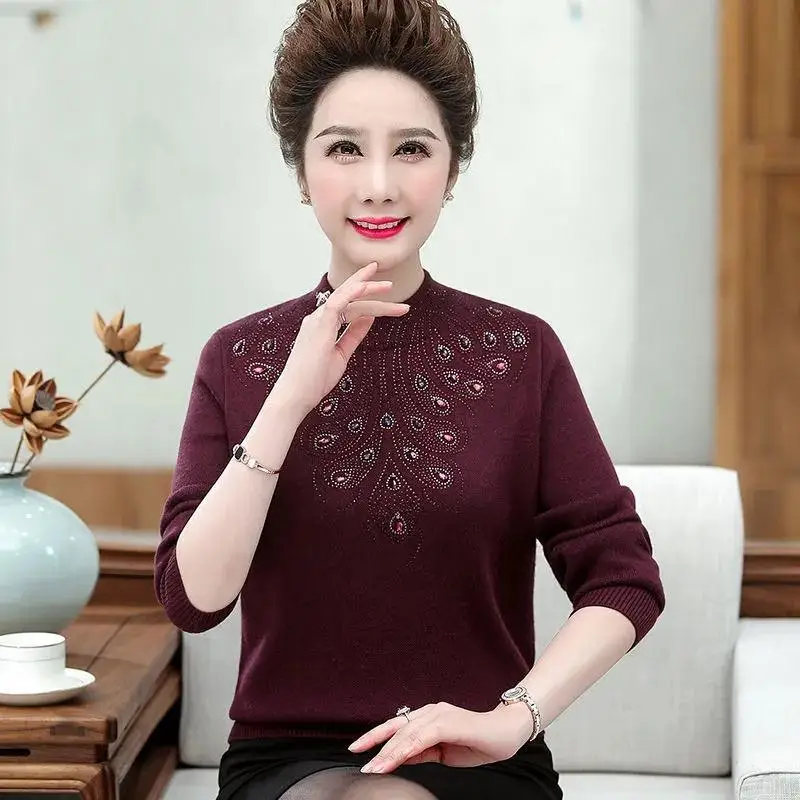 Fashion Stand Collar Knitted Beading Diamonds Sweaters Women's Clothing 2023 Winter Loose Casual Pullovers Commute Tops