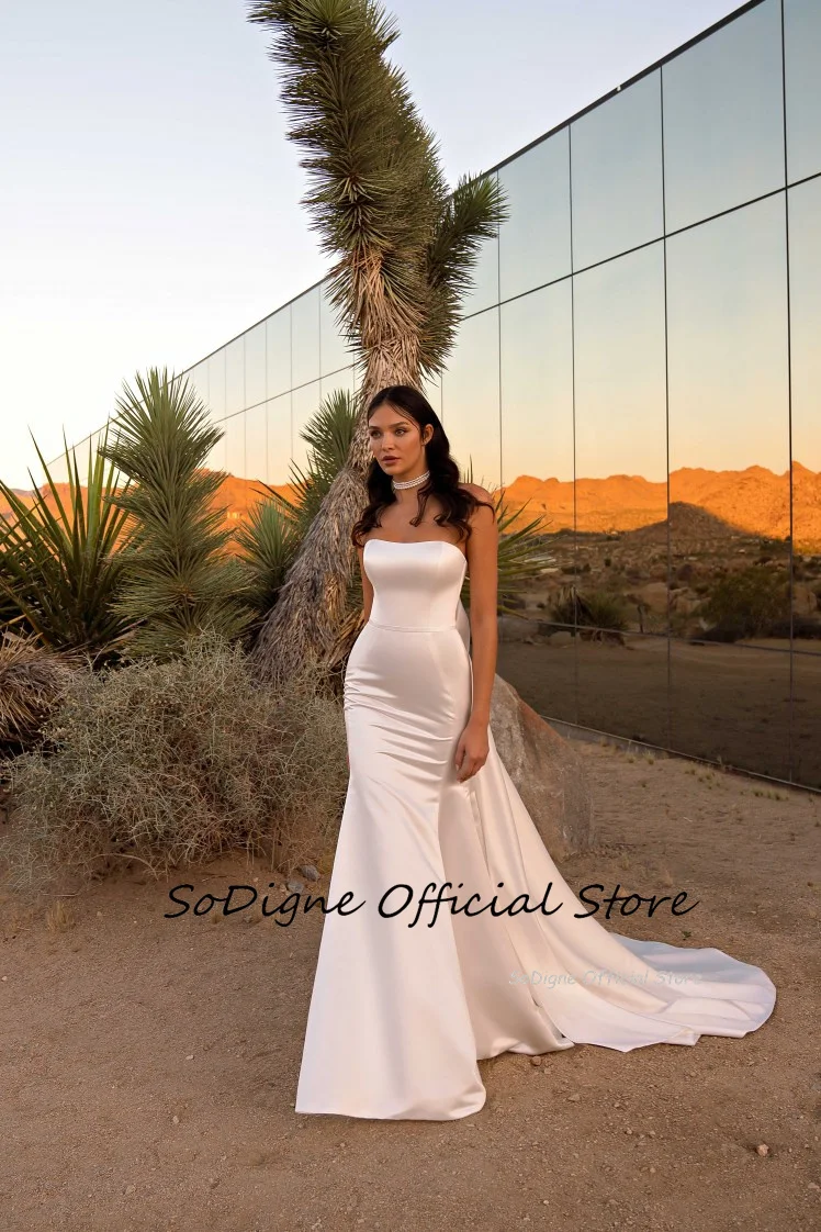 SoDigne Mermaid Satin Wedding Dresses Strapless Sleeveless Bridal Dress Long Bridal Gown with Bow vestidos de novia Customized 10 S26481a775ad44efbaa9cdc81321d980dF