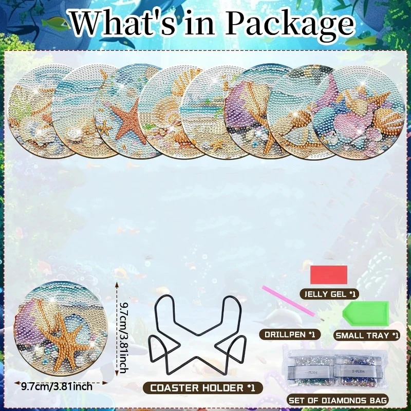 8 Pieces of Diamond Art Painting Coasters with Brackets, DIY Ocean Series Diamond Art Coasters, Suitable for Adults and Beginner