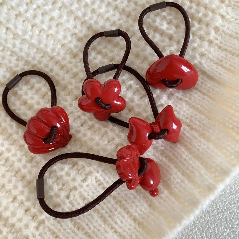 Cute Resin Red Hair Rope Meatball Head Rubber Red Hair Band Scrunchies Ponytail Holder New Year Hair Rope Daily