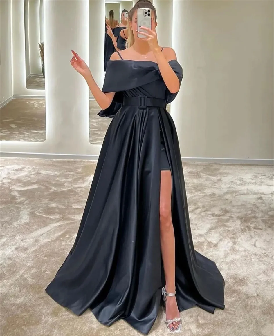 Shiyicey 2024 Simple Off the Shoulder Satin Eveninig Dress Silt Modern Style Floor-Length Prom Formal Elegant Party Dresses