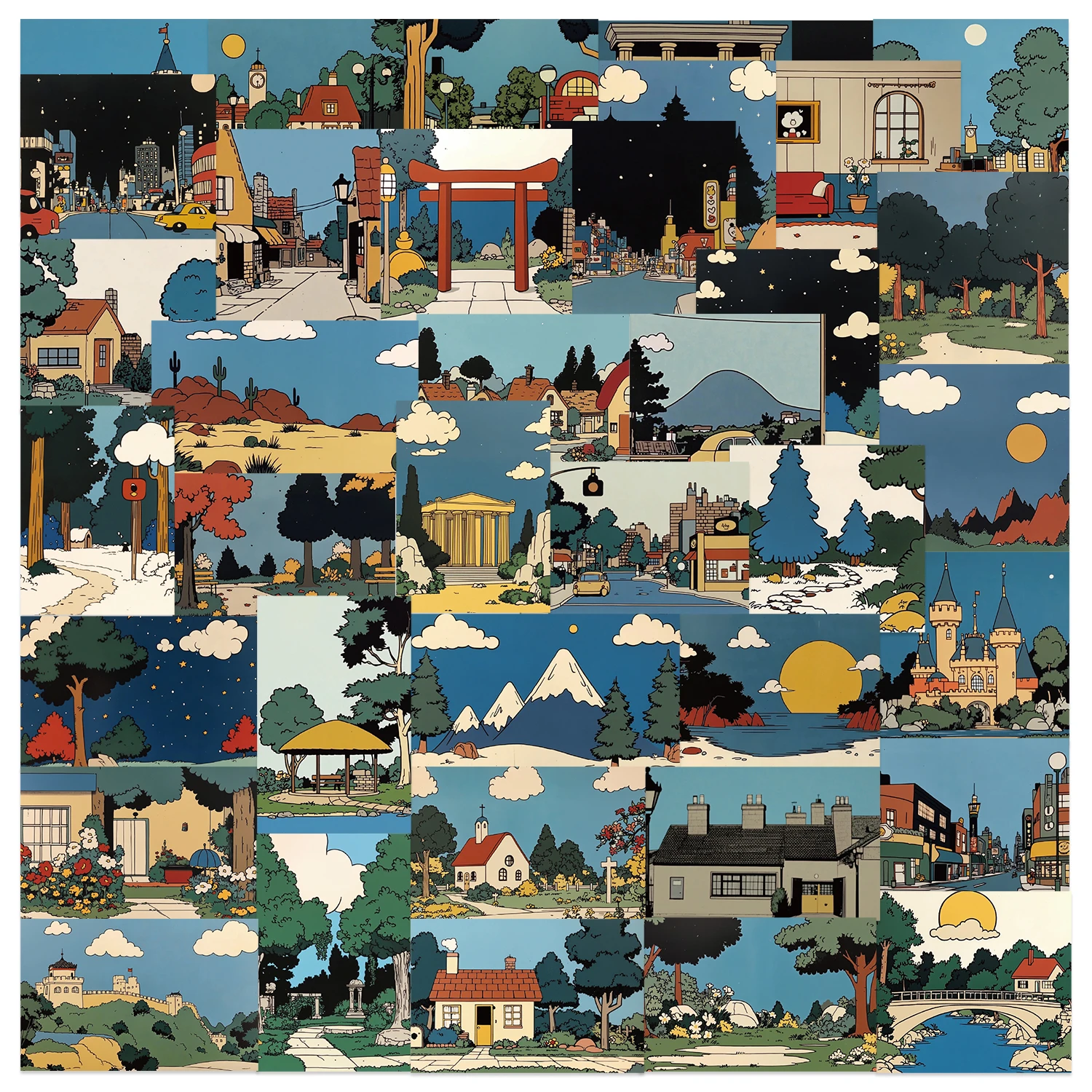50PCS Retro Cartoon Landscape Graffiti Stickers For Laptop Guitar Luggage Bike Skateboard Waterproof Sticker Decal Toy