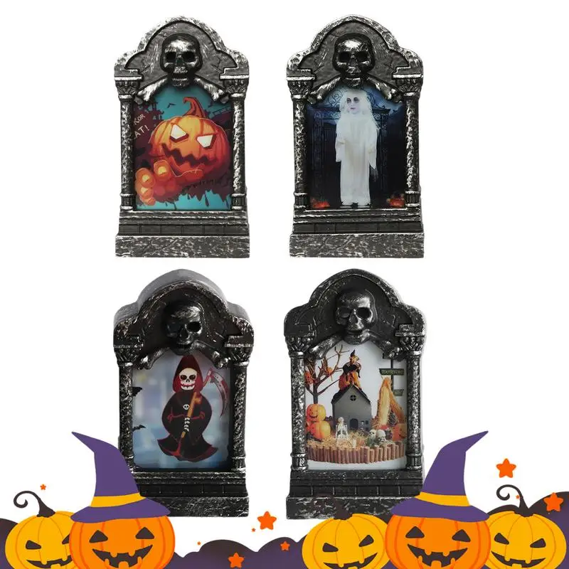 Tombstone Halloween Decor 4 Pieces Spooky Halloween Lighted Tombstone 7 Color Flashing Light Party Props Resin Waterproof LED