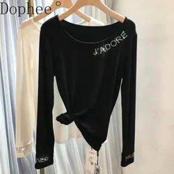 Large Size Women Long Sleeve T-shirt All-match New Autumn Winter Diamonds Letters O-neck Pullover Top High Quality Basic Tees