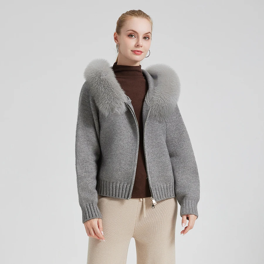 

2025 New Arrival women winter cardigan with real fox fr collar bigger furs high quality fashion jacket