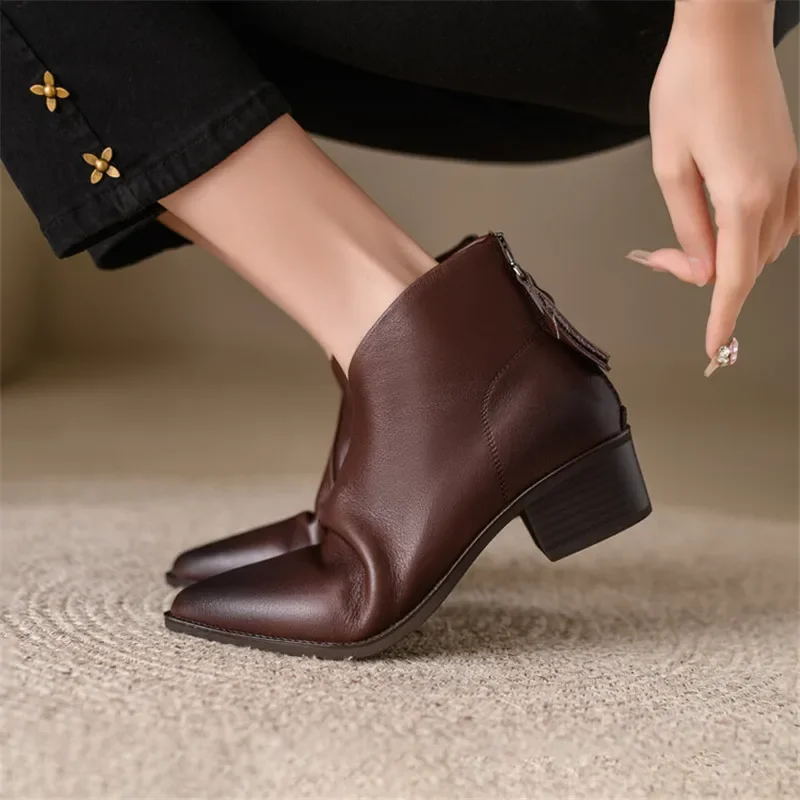 New Women Genuine Leather Ankle Boots Pointed Toe Chunky Heel Boots for Women Winter Fashion Short Boots Concise Women Boots