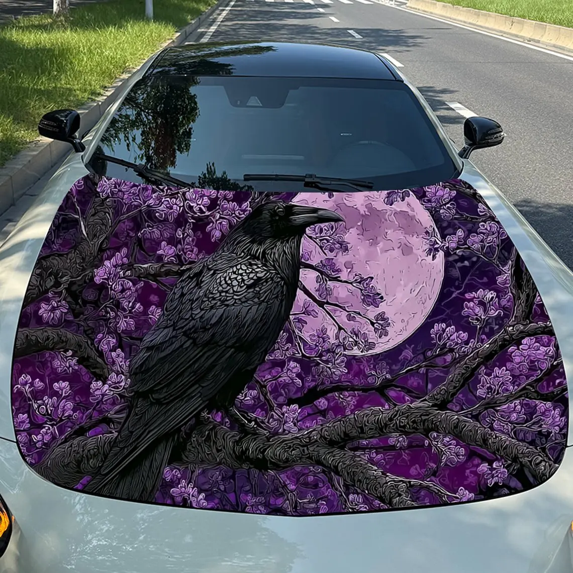 

Night Moon Crow Car Hood PVC Sticker, Durable Vinyl Wrap Film Suitable For Most Vehicles, Car Hood Protective Film Gift